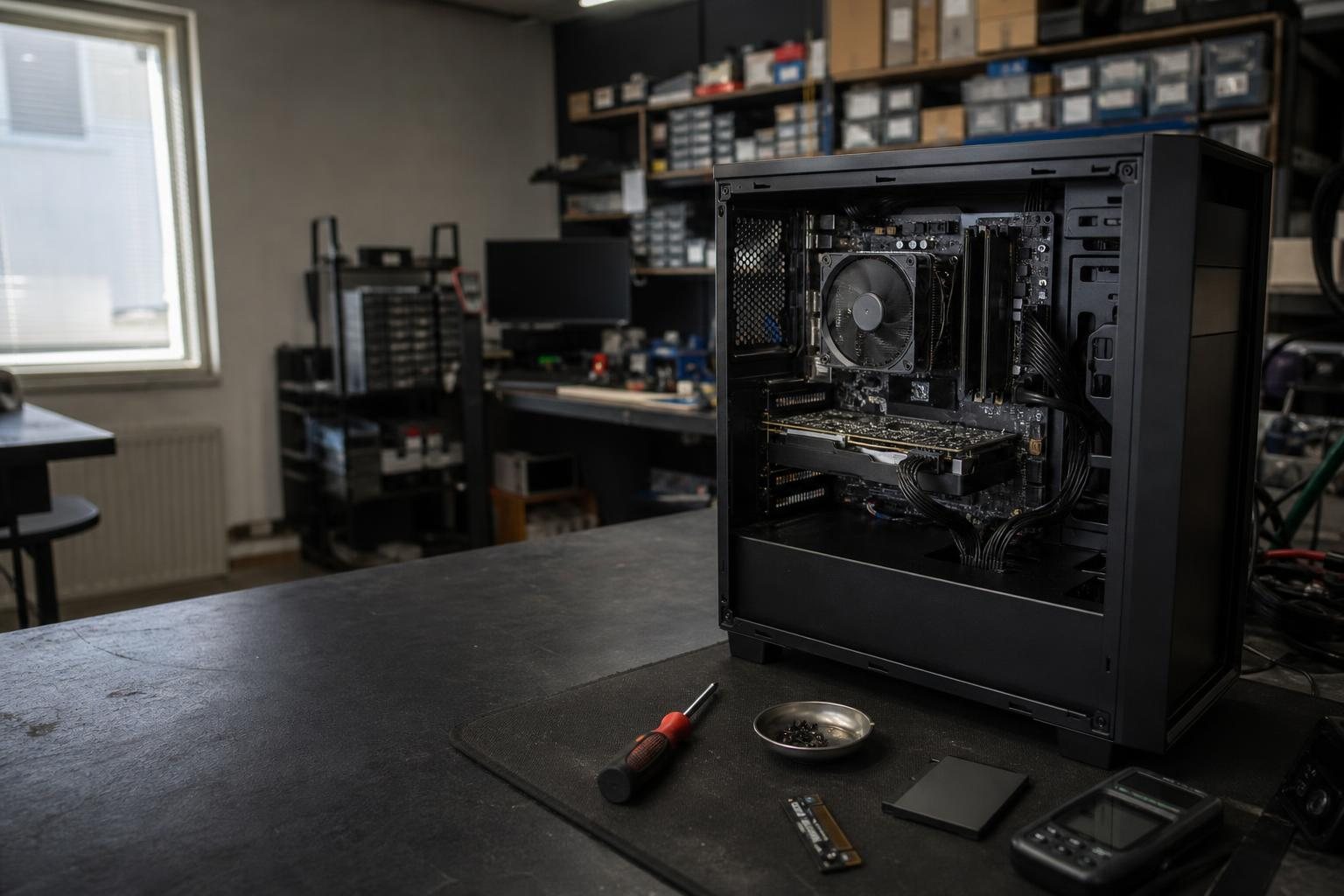 Geöffneter schwarzer Desktop-PC mit SSD, Diagnoseadapter und Werkzeug auf einer ESD-Werkbank